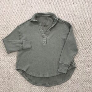 Aerie Waffle Knit Henley Top Olive Green Oversized Thermal Long Sleeve XS